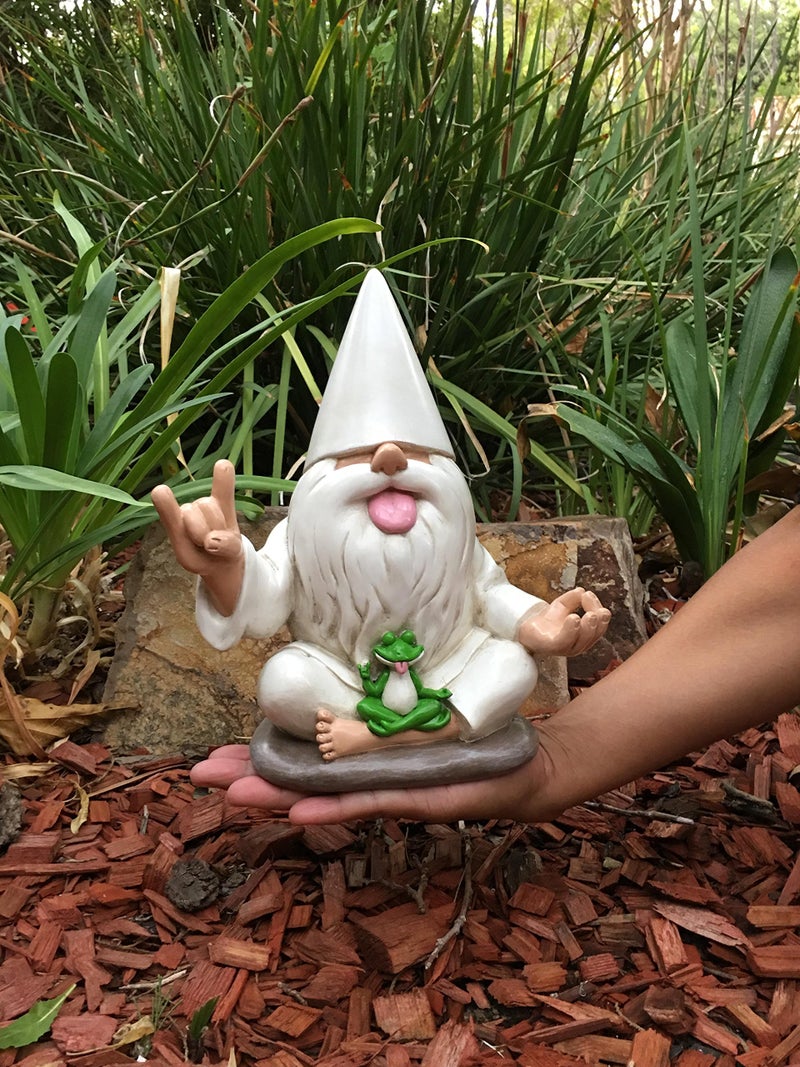 GlitZGlam Rocker Gnome George with Zen Frog - This Garden Gnome Combines Peace, Tranquility and Rock N Roll for Your Fairy Garden - Image 4